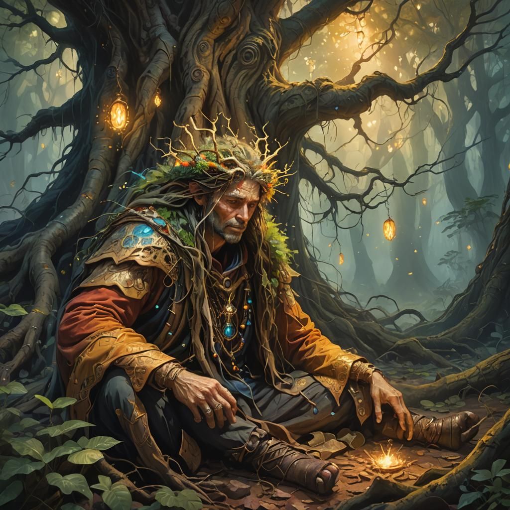 Weary Traveler in Mystical Forest: Oil Painting