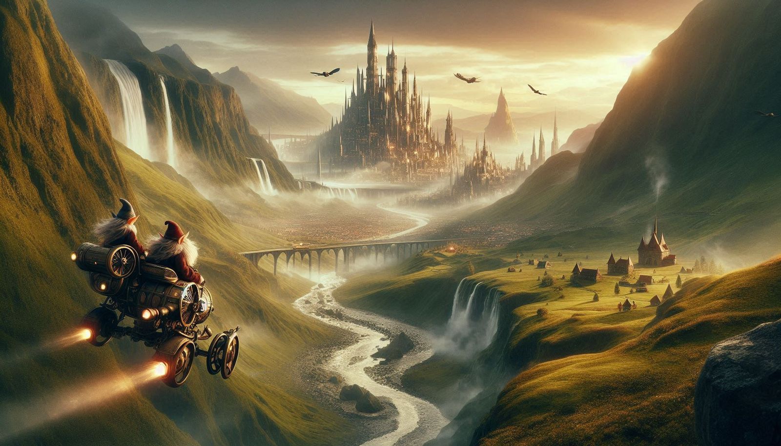 Gnomes with flying vehicle