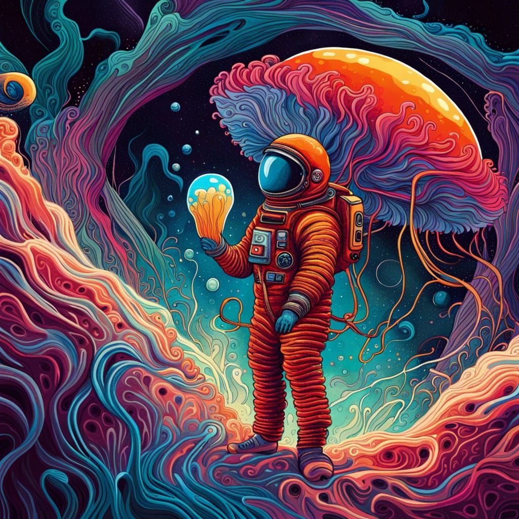 spaceman holding a psychedelic jelly fish abstract art complementary ...