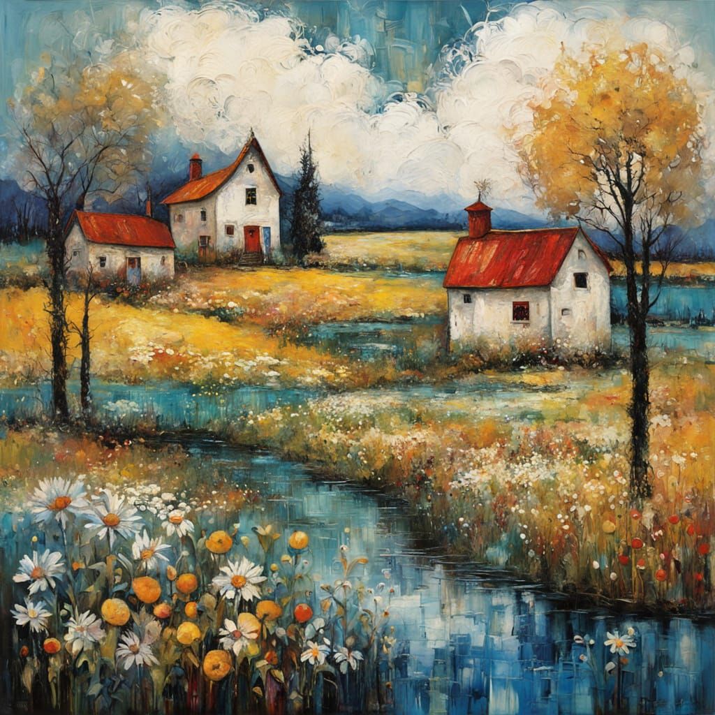 Summer and winter, encaustic painting, textured, primative, naive, Anna Silivonchik, Sam Toft, Stewart Edmondson, Jeremy Mann