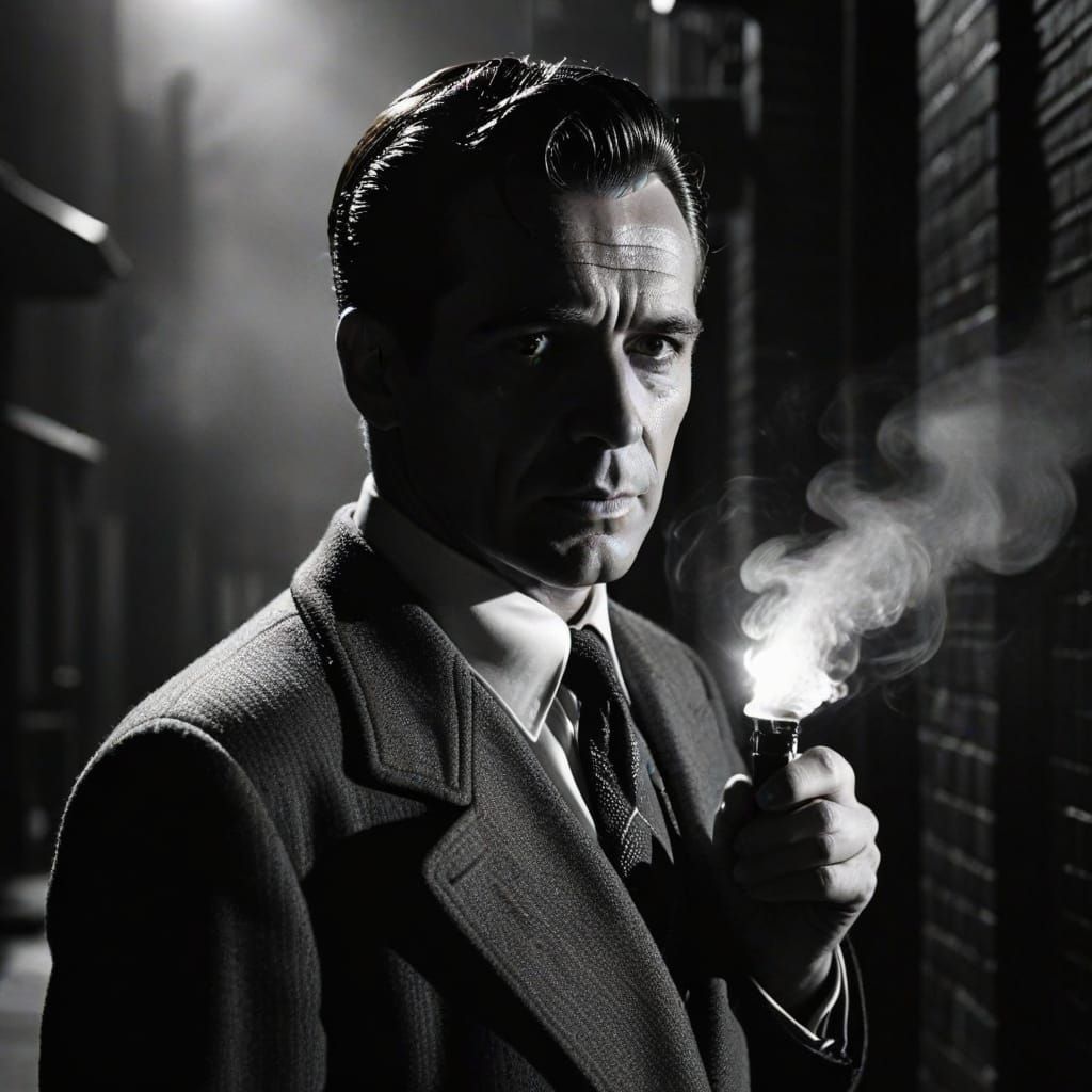 detective Sam Spade with the maltease falcon, dark and gritty atmosphere.  by @Forsaken Wright