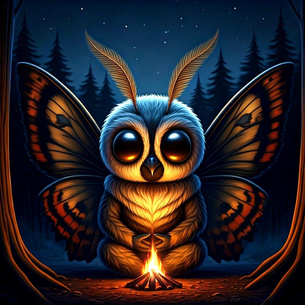 Chibi version of Mothman sitting by a campfire at night.