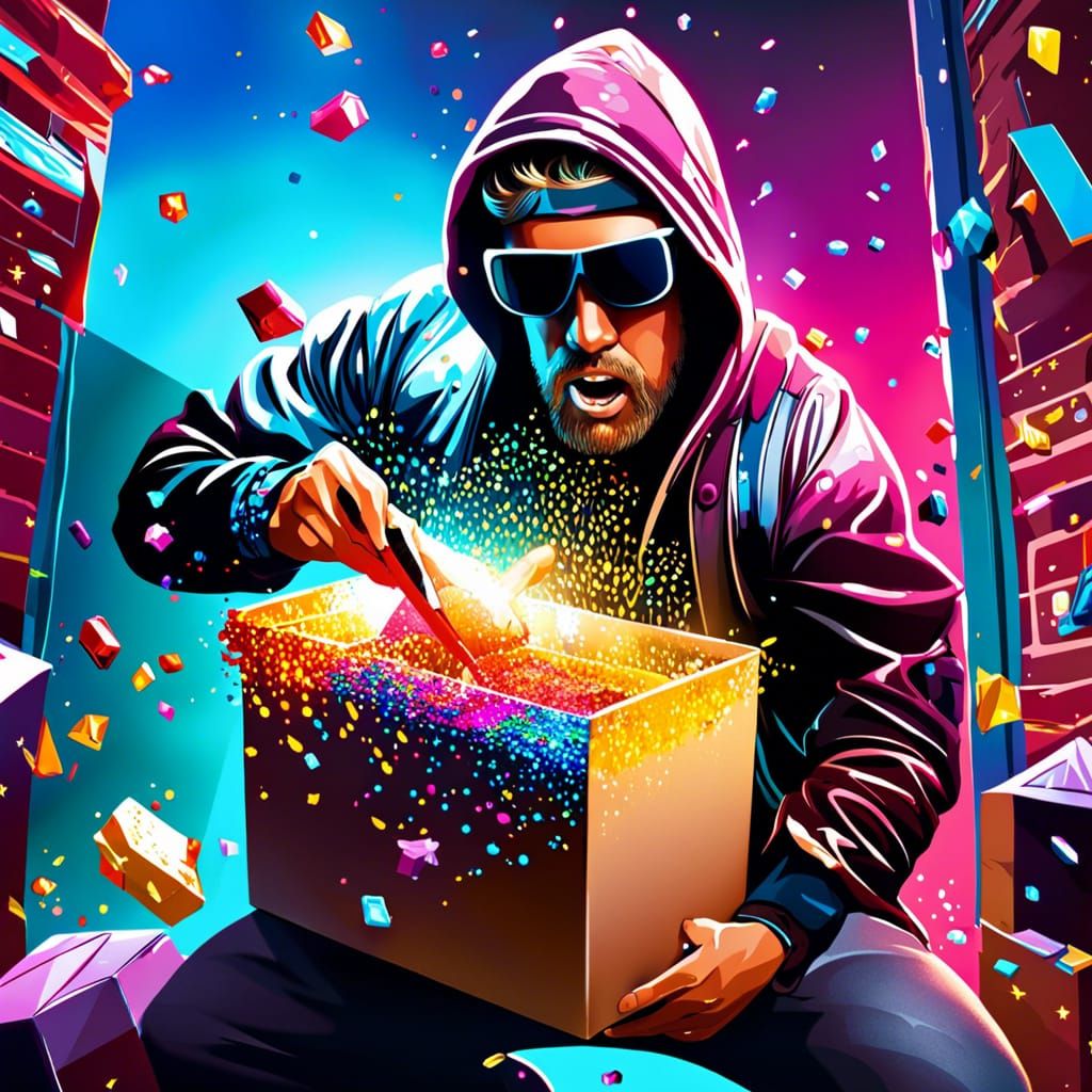 Porch Pirates opening a box with a Glitter bomb in it. Hyperrealistic