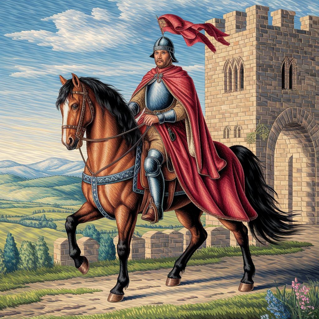 A pointilism style masterpiece of a Knight in the 1200s riding a powerful horse outside of a castle

