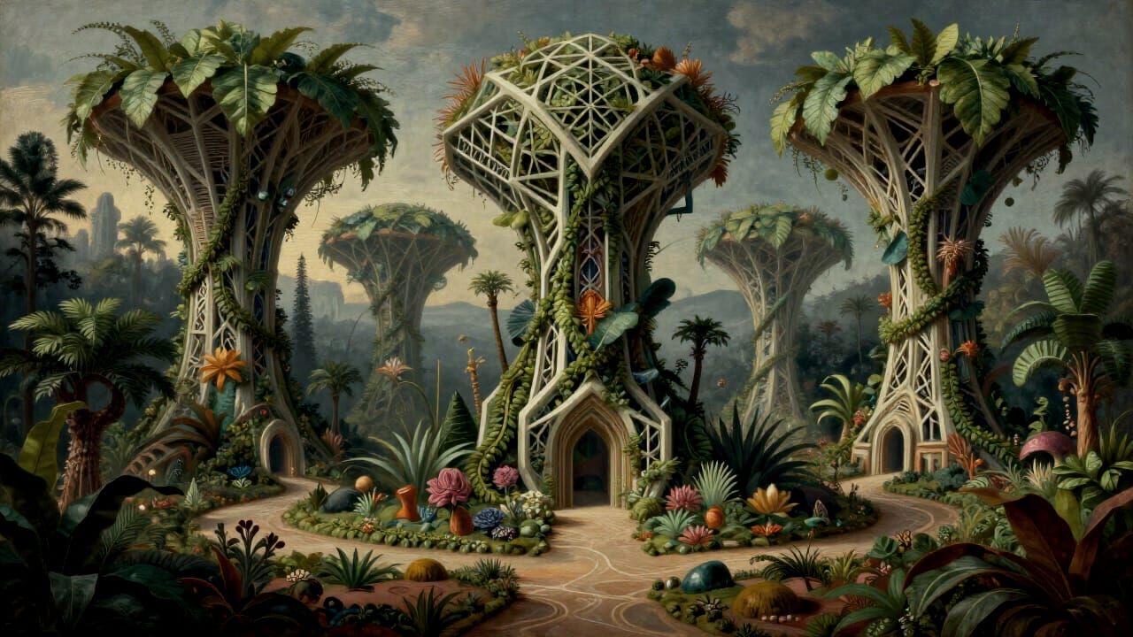 An abstract art painting of an alien botanical landscape shaped by biophilic geometry, in the style of ...  by @morr5750