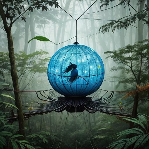 Mystical Forest Birds on Spiderweb, Surreal Digital Art
