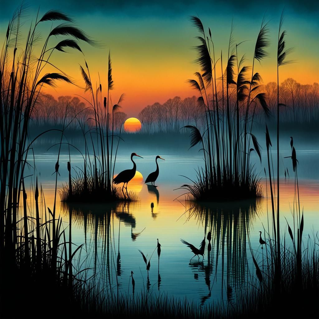 Cranes stand in the soft evening light on the shore of a reed-covered lake, by Mike Mignola and Andy ...  by @Tina auf der Blumenwiese
