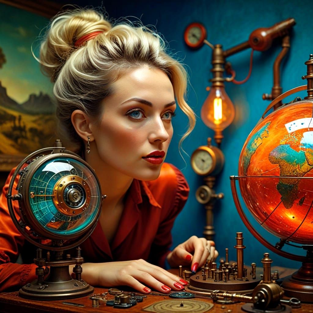 Surrealistic Portrait of a Happy Lady Repairing Ancient Scie...