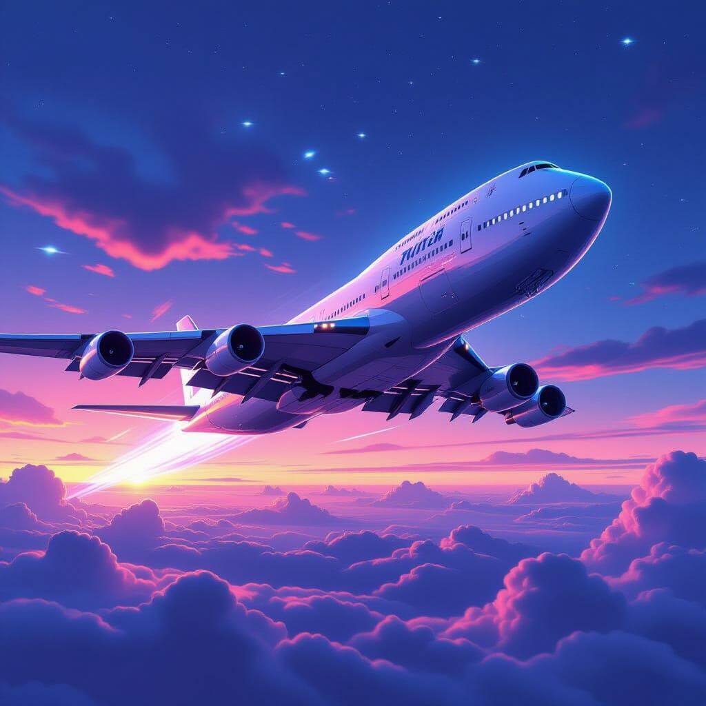 Futuristic Jumbo Jet Soaring Through Neon Sky