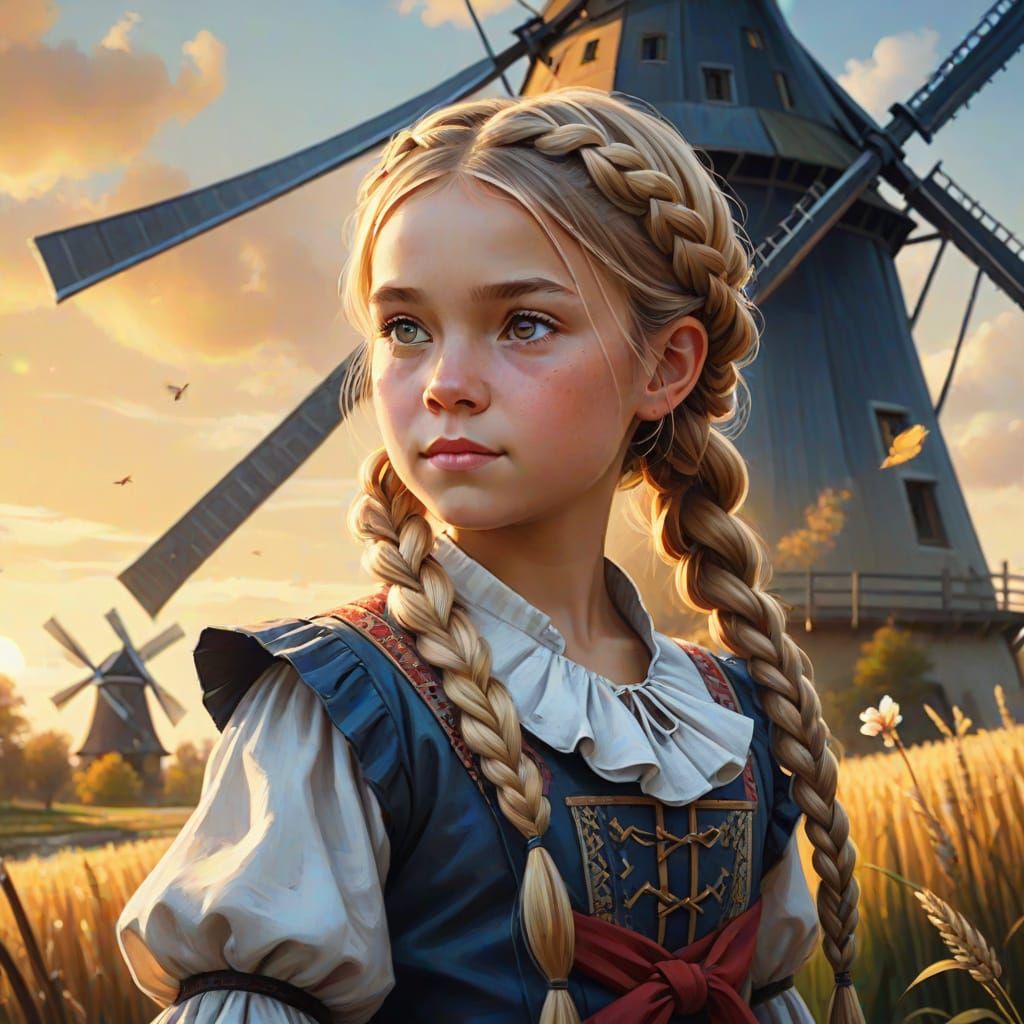 Little Girl in Dutch Costume in Front of Whimsical Windmill