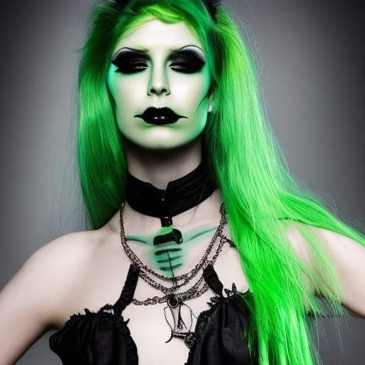 Tall androgynous person, green makeup, long black hair with ...