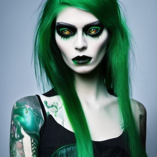 Tall androgynous person, green makeup, long black hair with ...