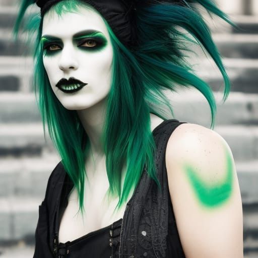 Tall androgynous person, green makeup, long black hair with ...