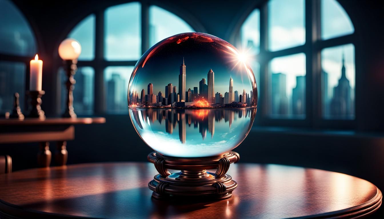 a crystal ball on a table showing a dystopian future, atomic...