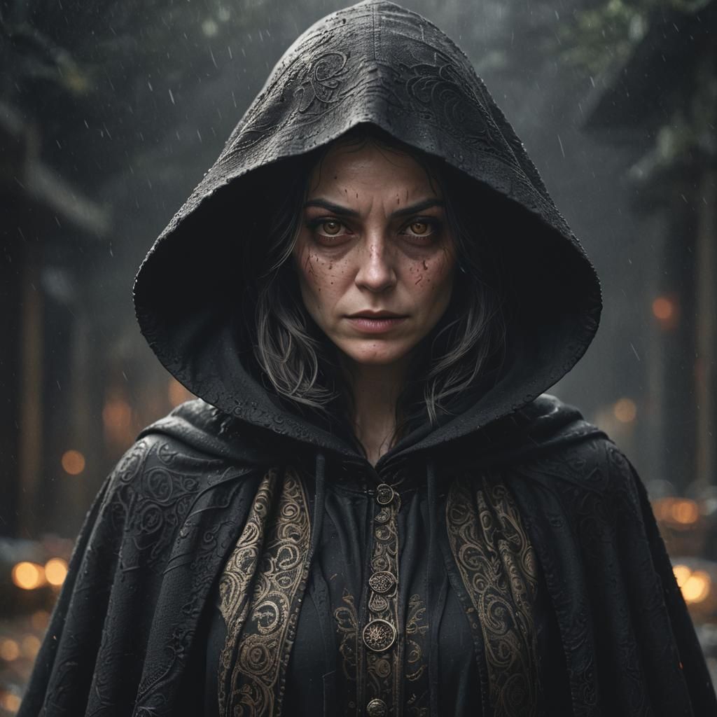 Create a witch of nightmares, eerie and creepy. She's clad i...