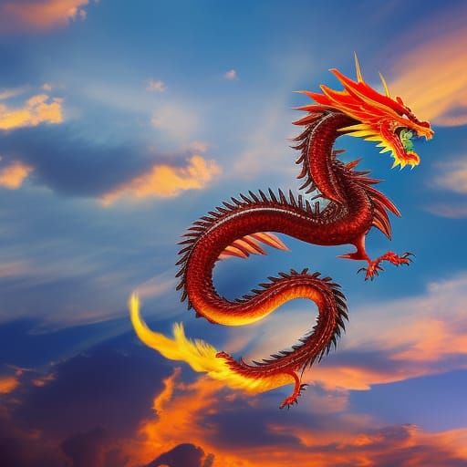 flying Chinese fire Dragon in the sky - AI Generated Artwork ...