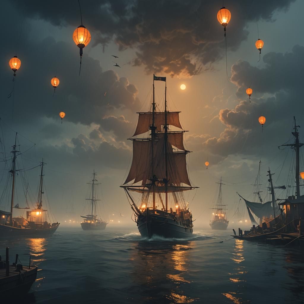 A sailing boat, sailing out of the fog and stormy night