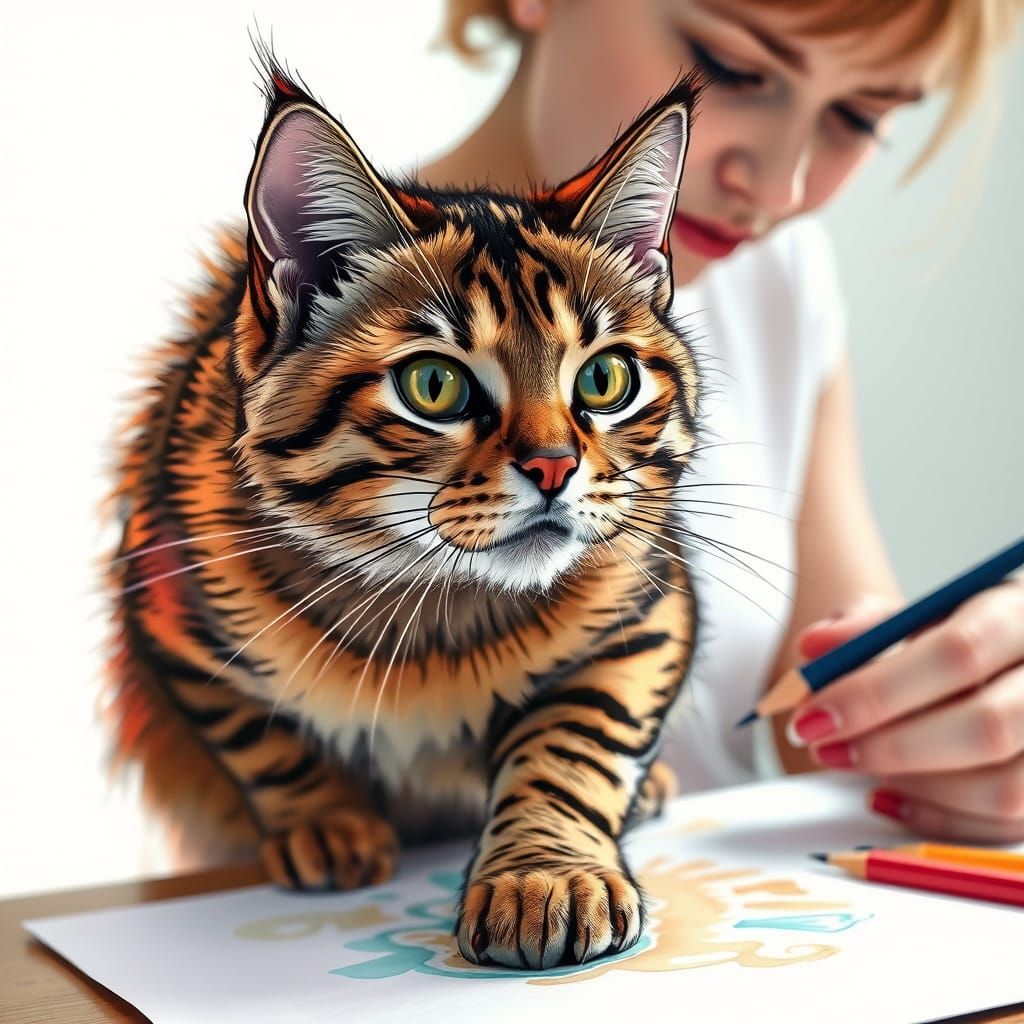 A lady drawing a cat on a paper with color and the cat looks like she is pouncing of of the paper 