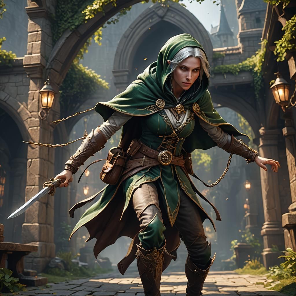 A hooded female elf rogue in a cape with an arcane pocket wa...