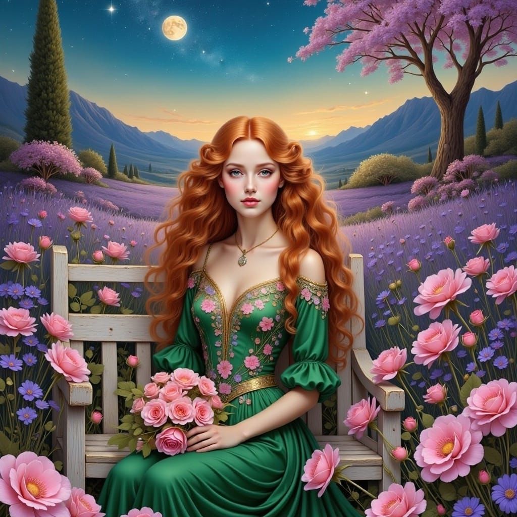 <lora:ANTONIA FLUX:1.0> a beautiful red haired woman in a green dress with a buquet of pink wild roses, sitting on a white bench on a lavend...