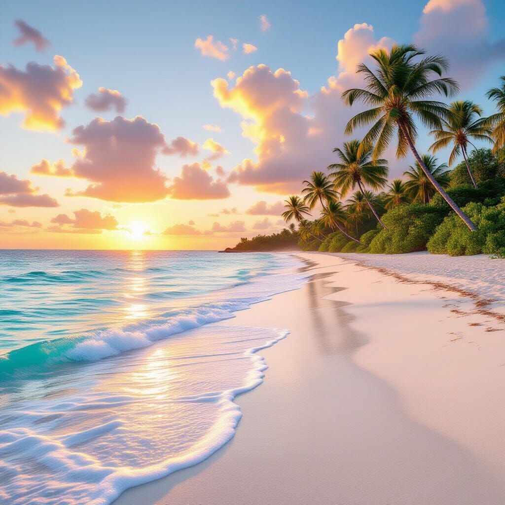 A secluded tropical beach at sunset. Gentle, clear turquoise waves softly lapping on pristine white sand. ...  by @JK