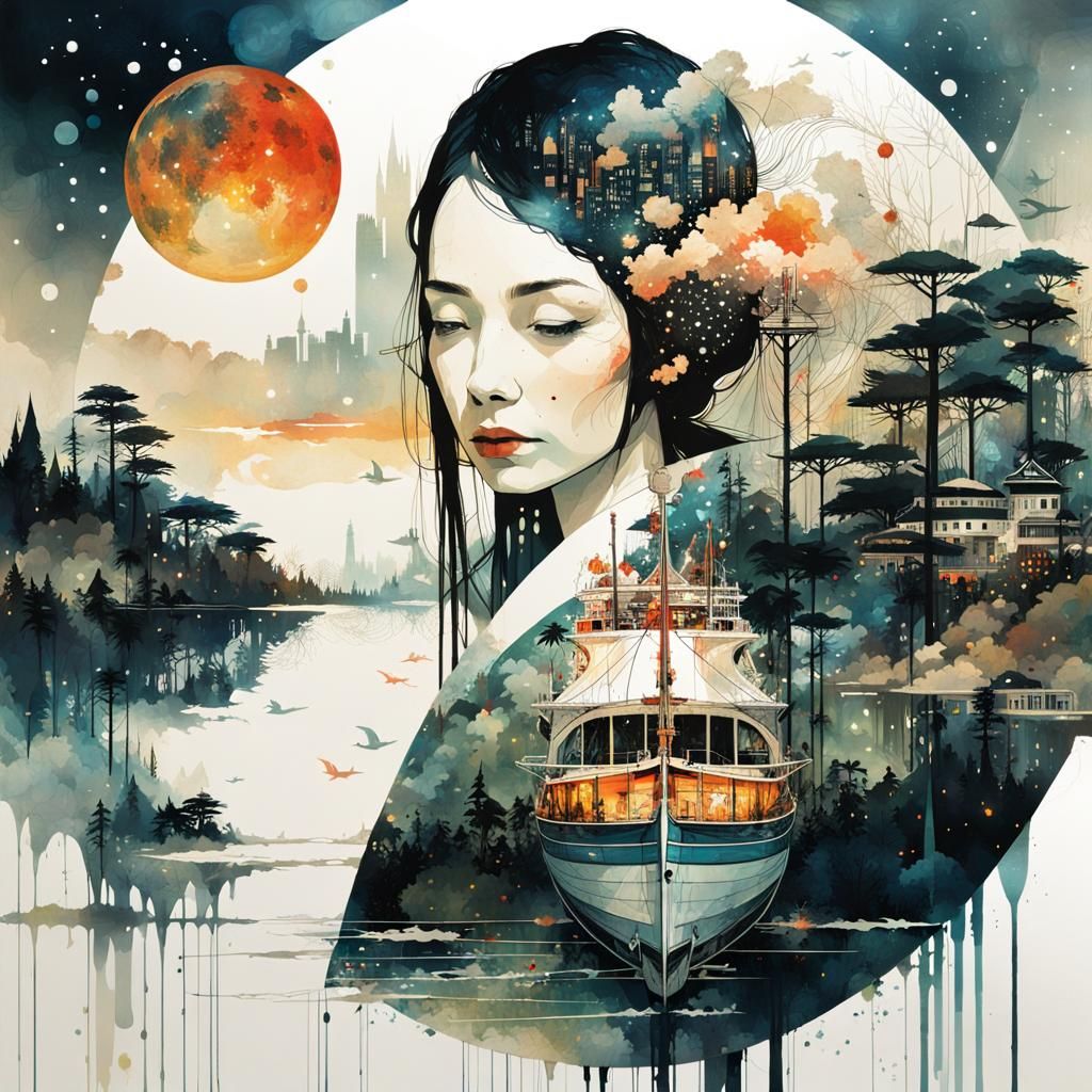 Double Exposure Galaxy World with Tiger Silhouette