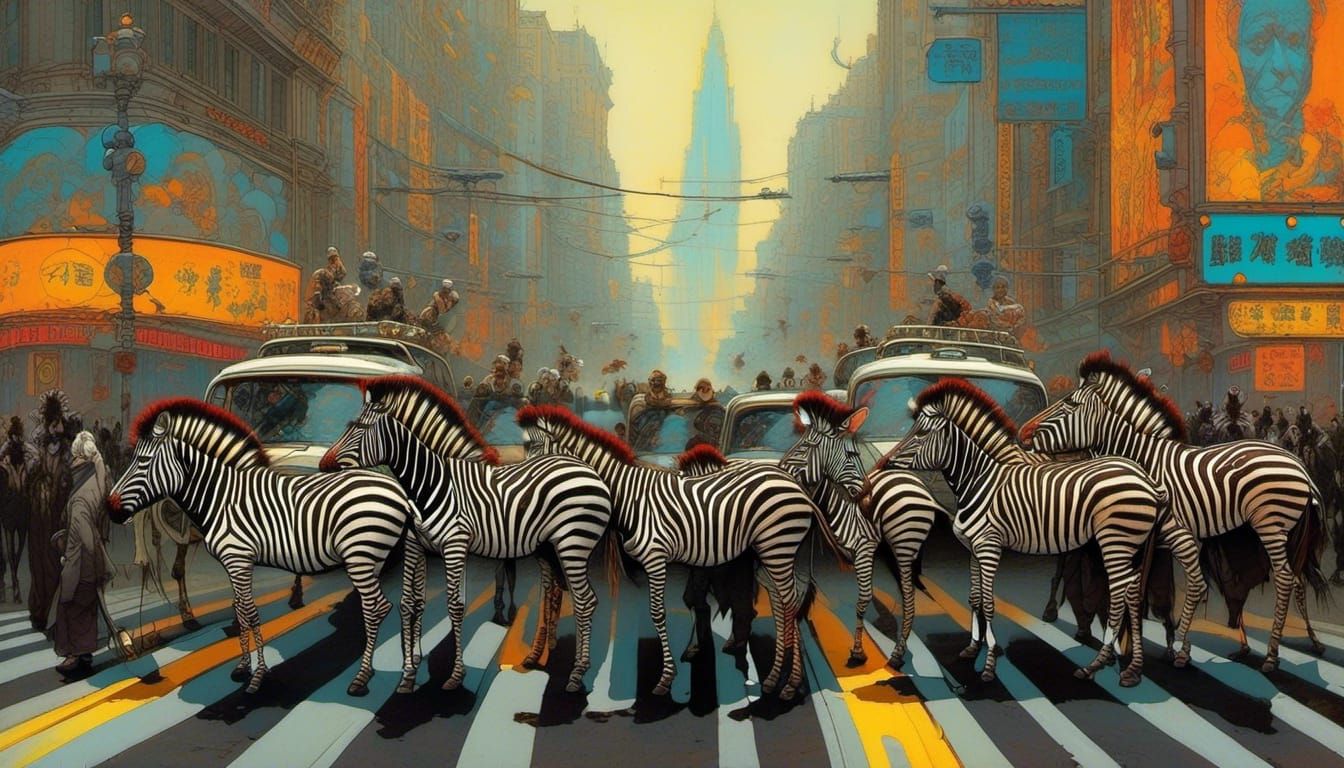 "Zebras Crossing the Street" zebras blocking cars epic psychedelic