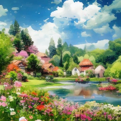 <lora:WatercolorSD15ver2:1.0> Village lake flowers trees