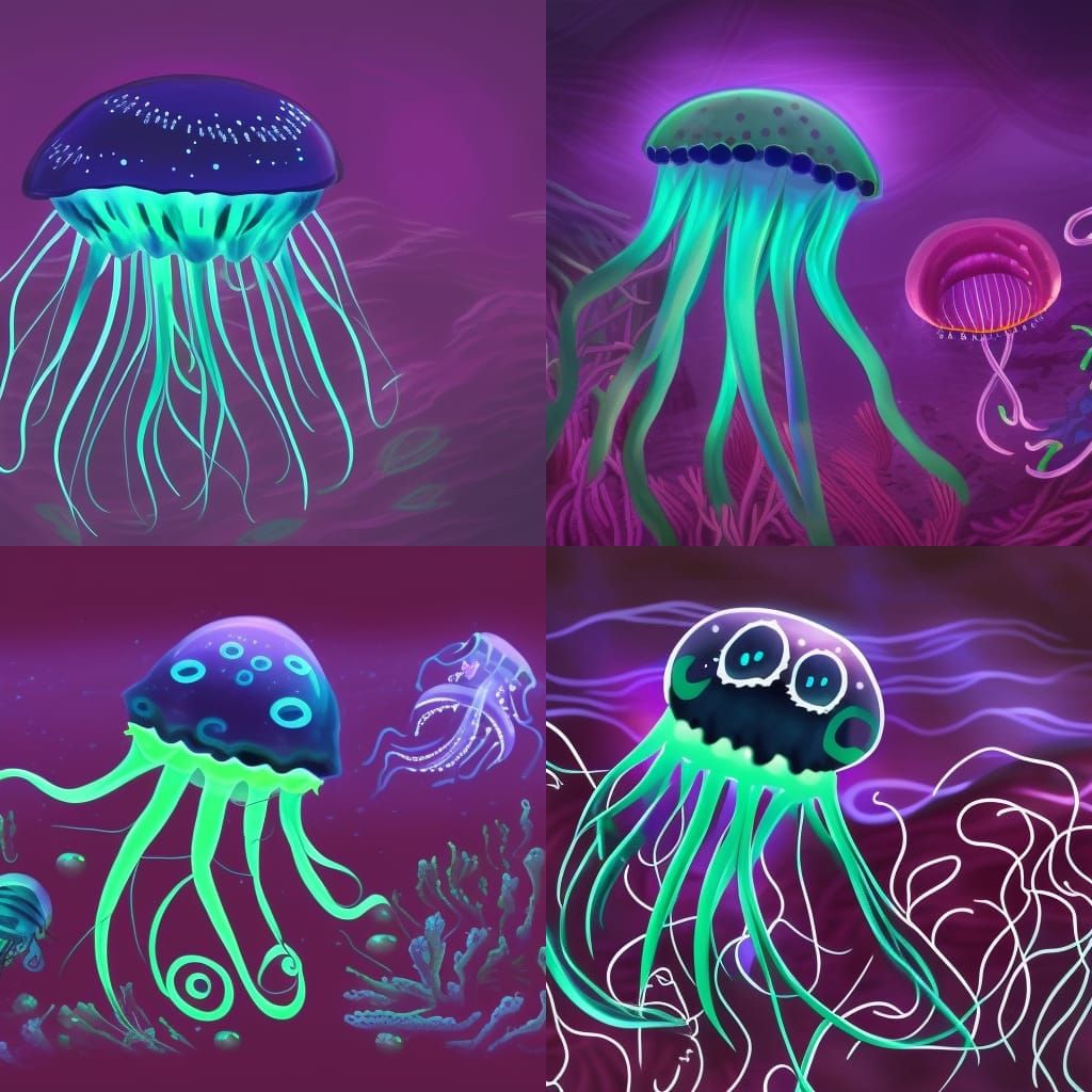 A deep sea jellyfish glowing with other bioluminescent sea c...