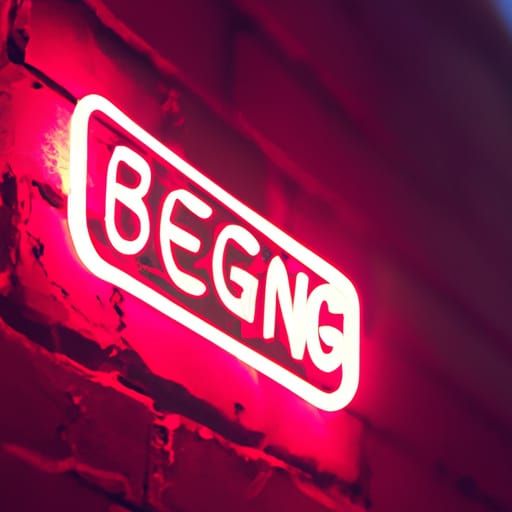 A pink neon softly glowing sign that reads "BEGIN" on a roug...