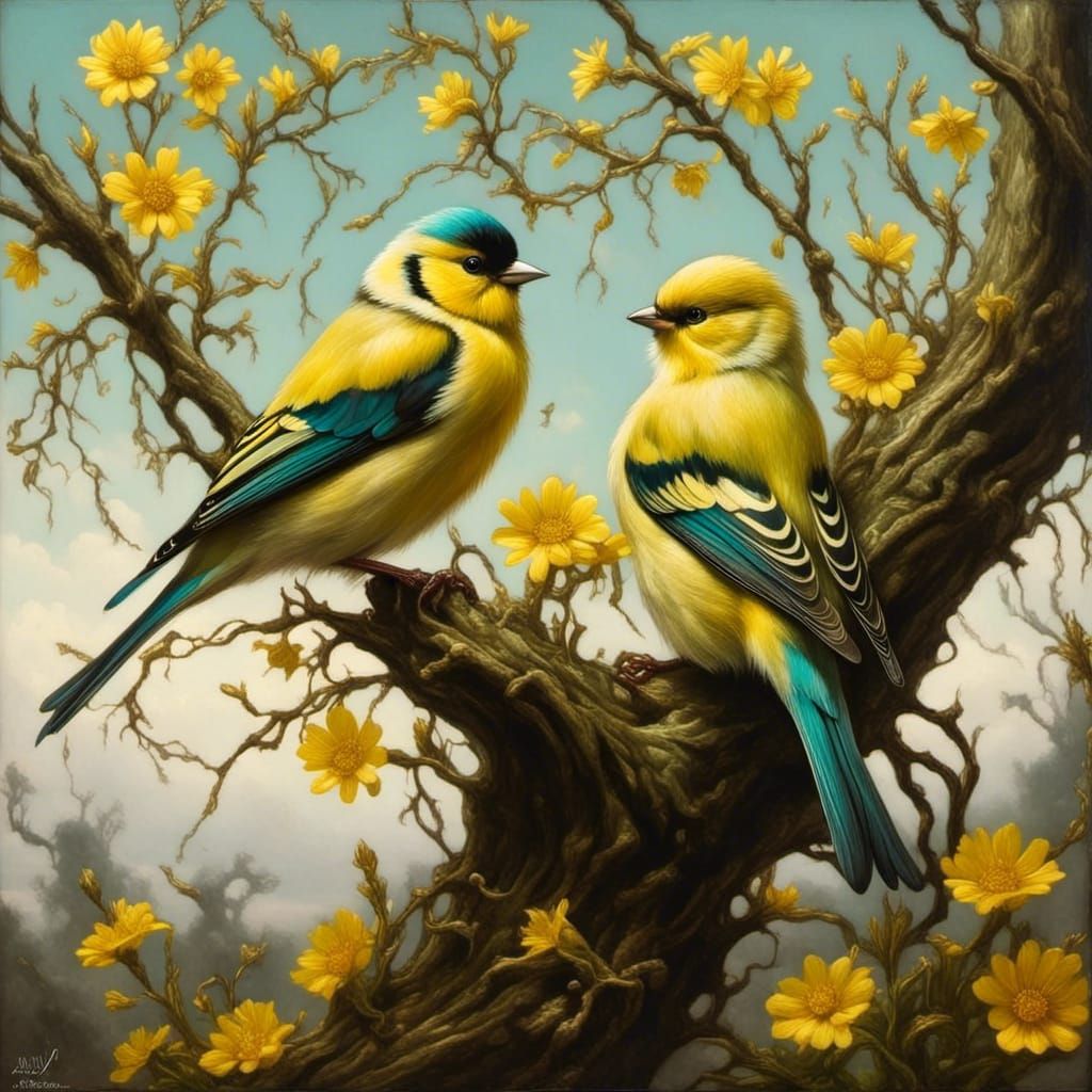 Goldfinches In A Tree Springtime Gothic Emo Full Length View, Wide 