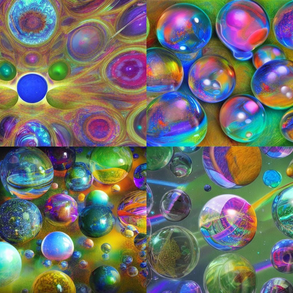 multi colored glass spheres with nature scenes inside them AI