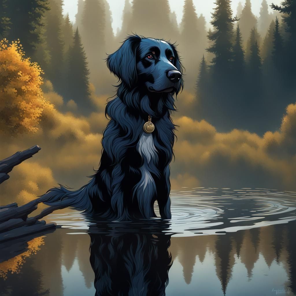 a black stabyhoun (dog) looking at its reflection in the wat...