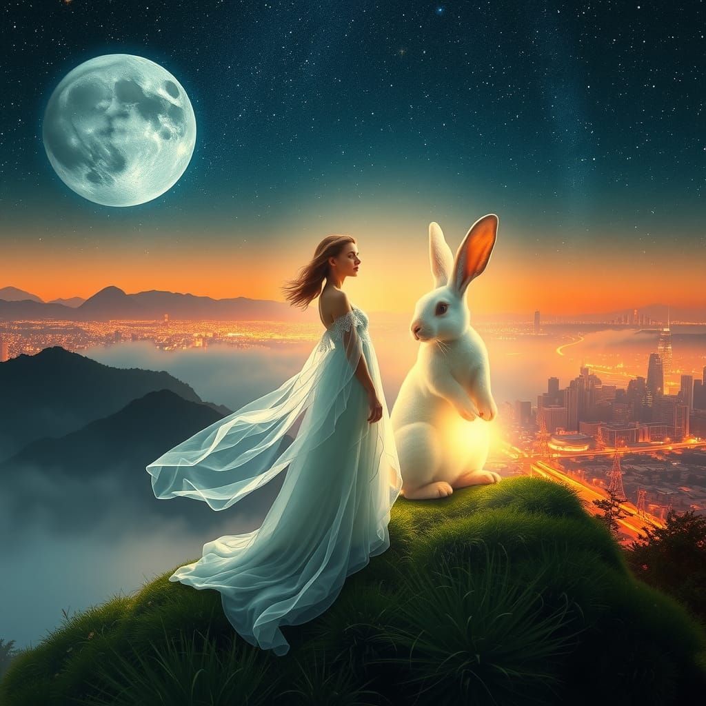 Ethereal Woman and Rabbit Under Starry Sky