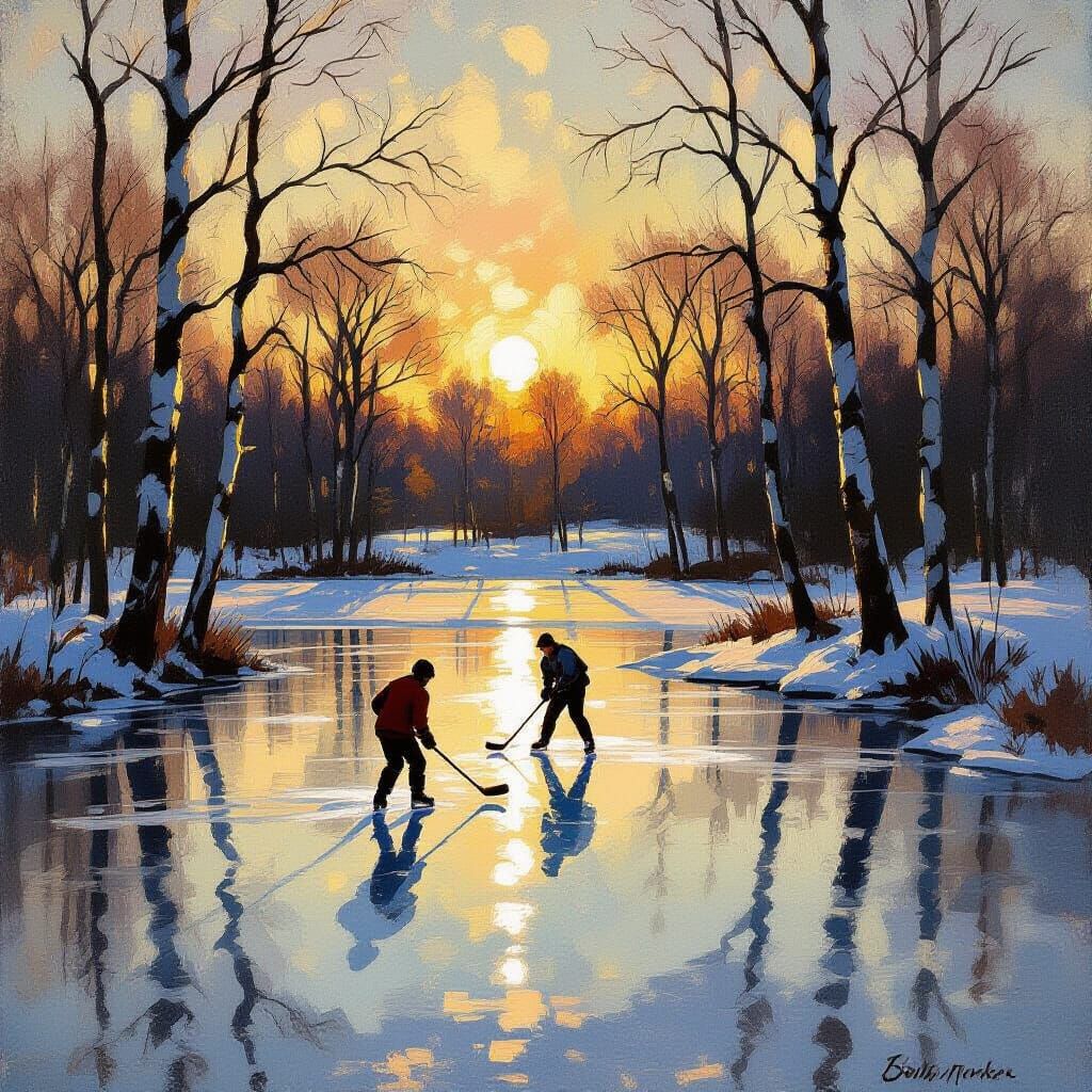 Hockey players on a frozen pond, dappled sunlight through bare trees. 