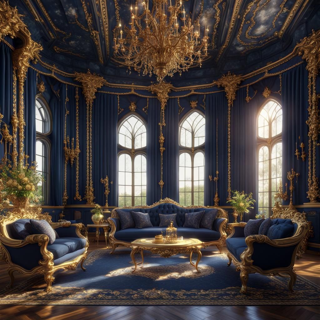 Huge dark blue rococo gothic royal living room with gold acc...
