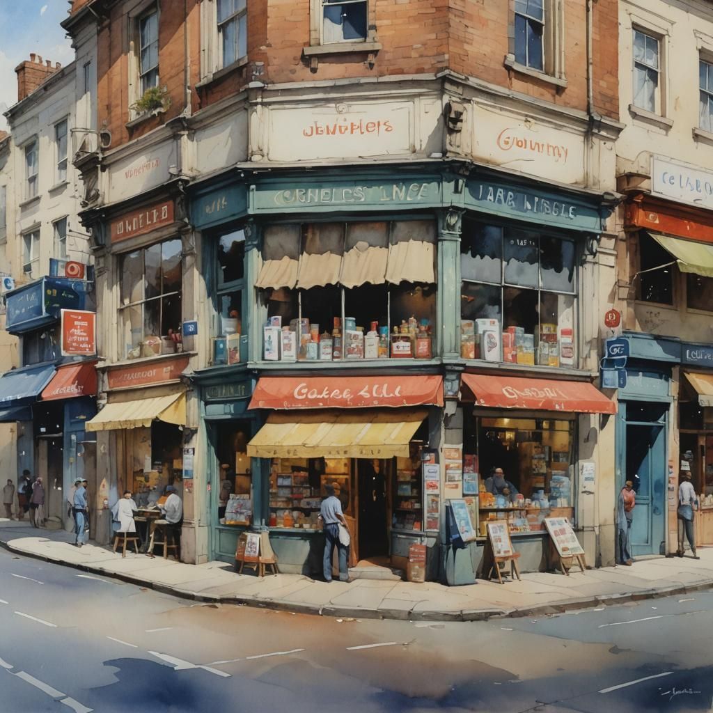 Shop front corner  stores 2 watercolour  by @J