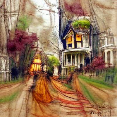 Victorian colored sketch, lush comfortable; The Street Leads Home again
