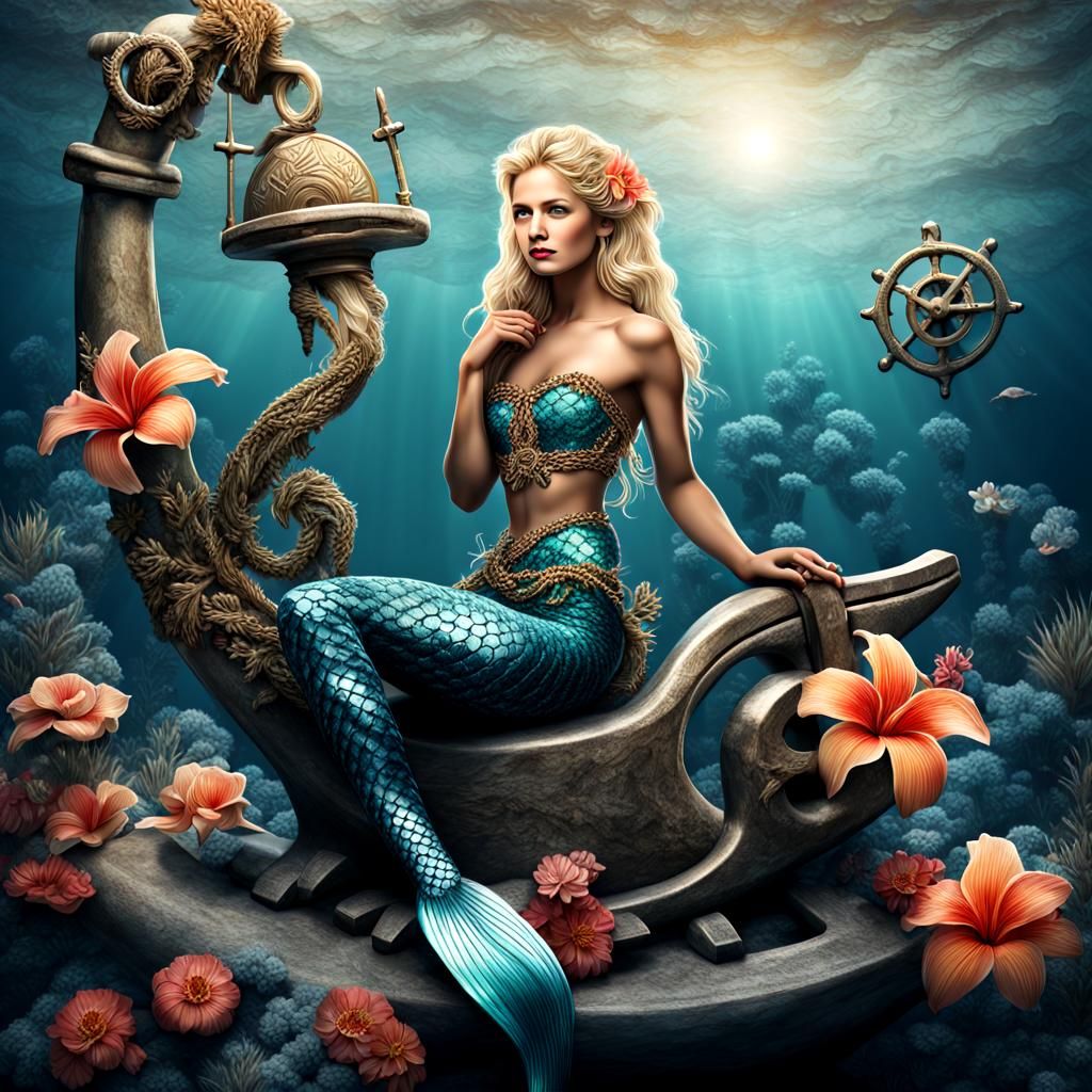 Transparency background. Blonde Mermaid sitting on an anchor...