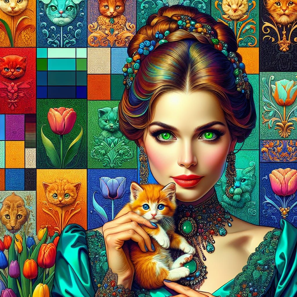 Aristocrat holding a cat, No white except the cat,( short sleeves:1.5) (small orange kittens) no purple, ...  by @Madame_Umit