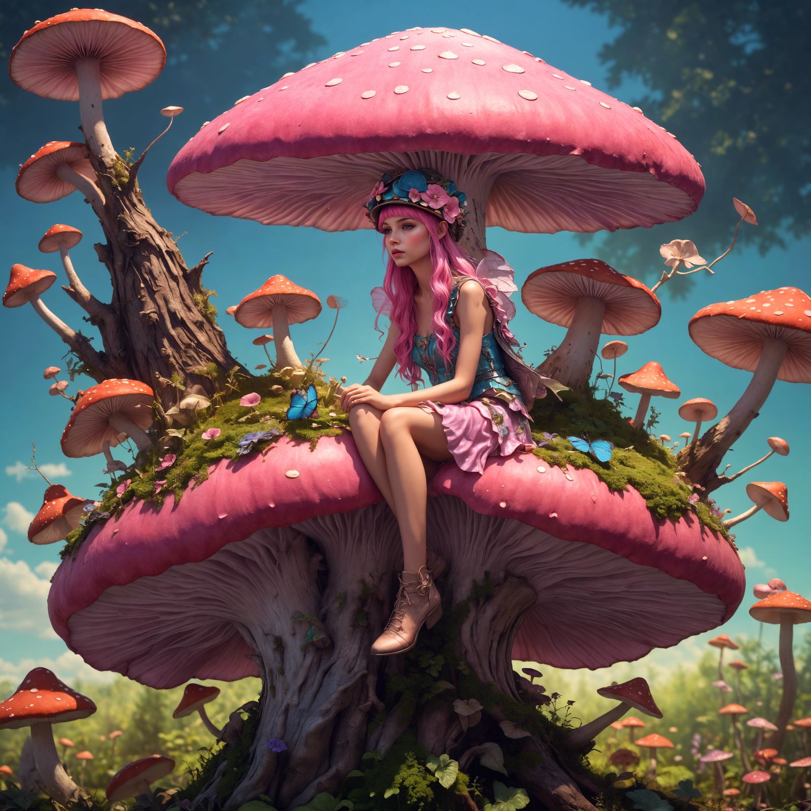 beautiful fairy with long pink wings behind her:: little mus...