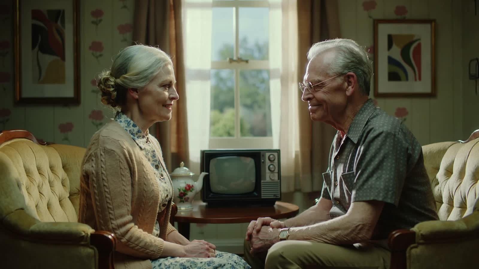 A 1950's grandma and grandpa. Smiling as their face turns into something monstrous