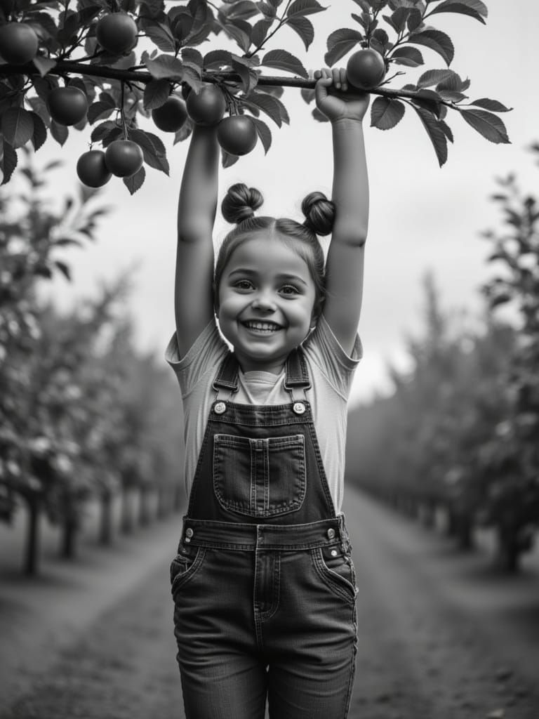 Child on Apple Tree Branch in Black and White with Blue Over...