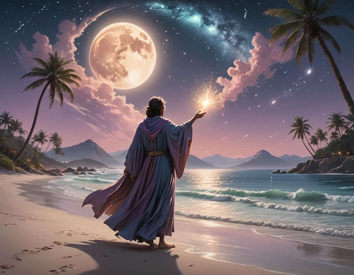 Focus on palm trees. A mage casting a powerful spell, surrounded by magical effects and a mystical atmosphere. Nighttime with glowing full m...