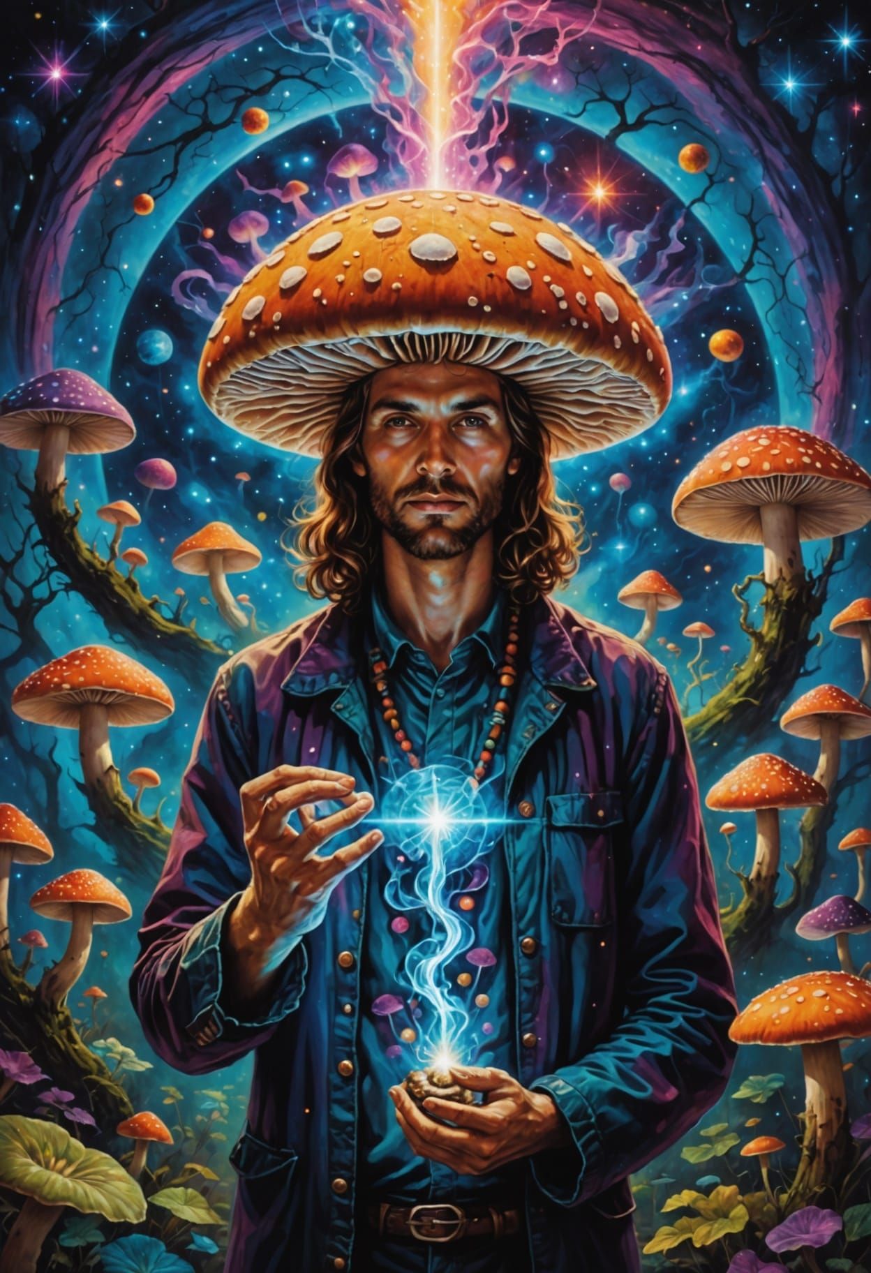 Esoteric Mushroom Man in Cosmic Light