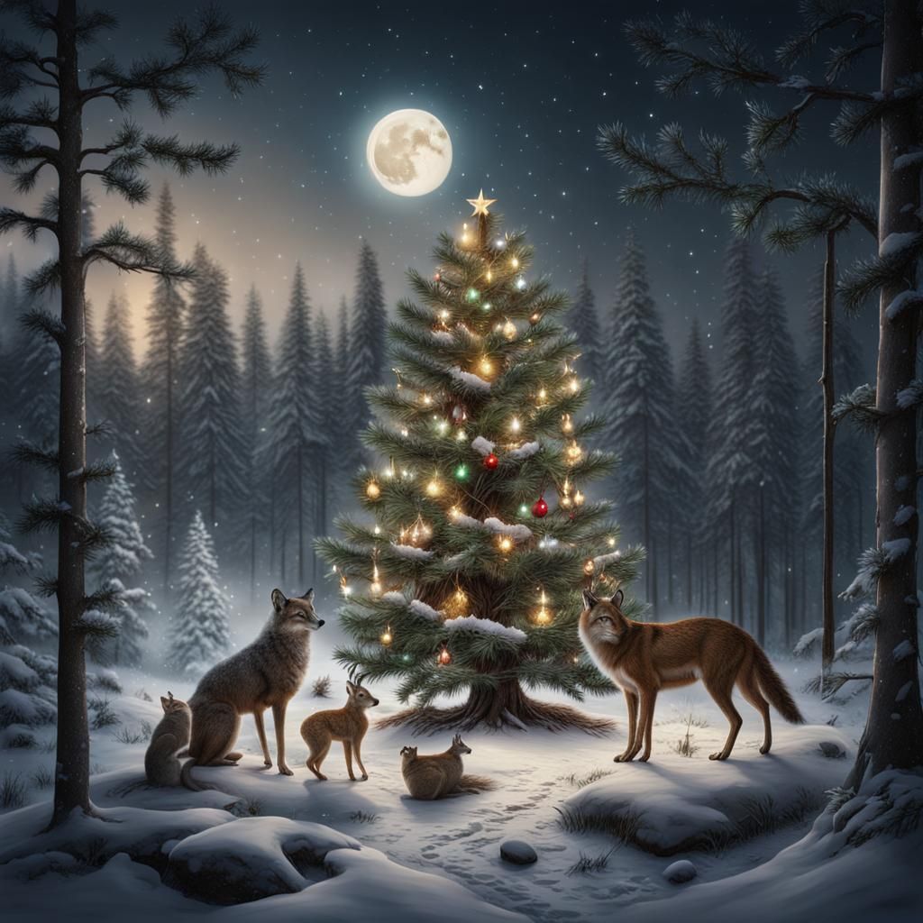 Animals decorating a pine tree