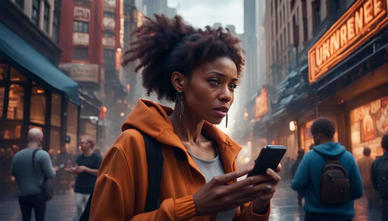 scared woman looking at cellphone on crowded downtown sidewa...