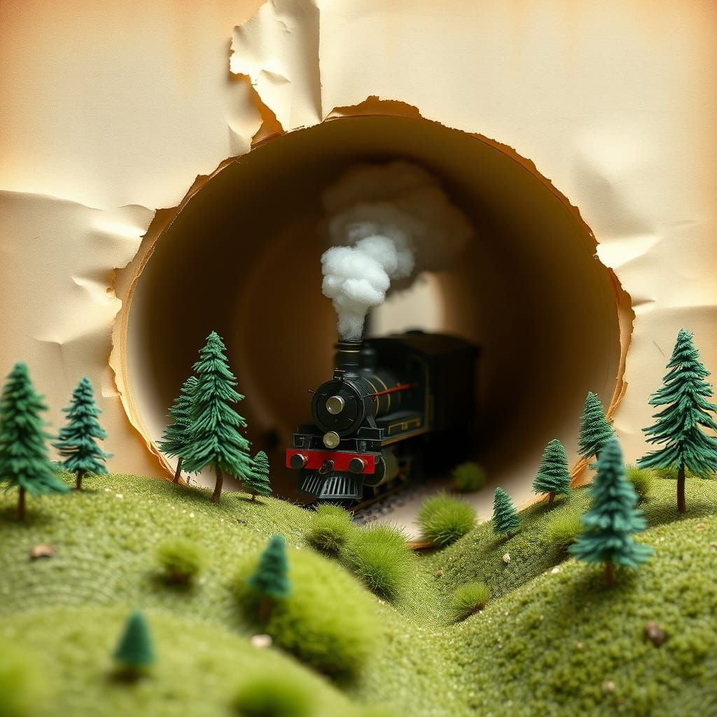 Miniature Steam Train Emerging from Book Tunnel