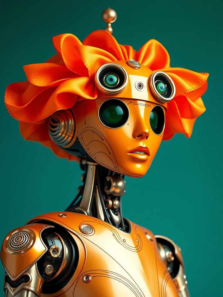 an Art Nouveau robot wearing orange taffeta  by @Alison