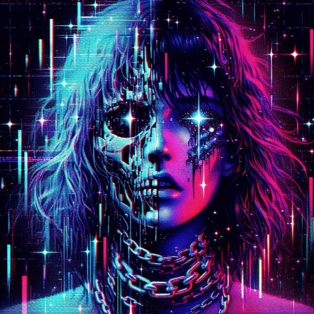 A distorted silhouette of 80s split face melting female, cha...